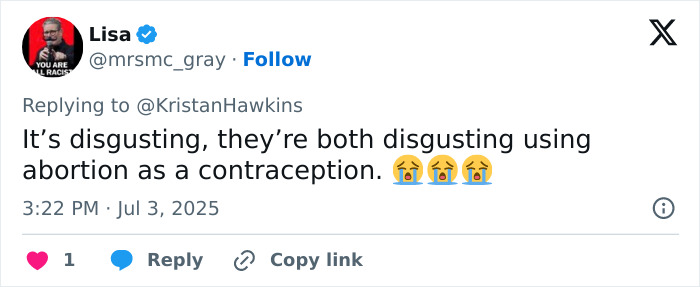 Twitter user expressing strong reaction to Lily Allen’s abortion confession, sparking online debate about abortion use. Twitter user expressing strong reaction to Lily Allen’s abortion confession, sparking online debate about abortion use.