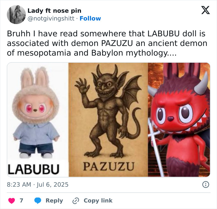 Tweet showing a Labubu doll alongside ancient Pazuzu demon images, highlighting dark conspiracy concerns about Labubu. Tweet showing a Labubu doll alongside ancient Pazuzu demon images, highlighting dark conspiracy concerns about Labubu.
