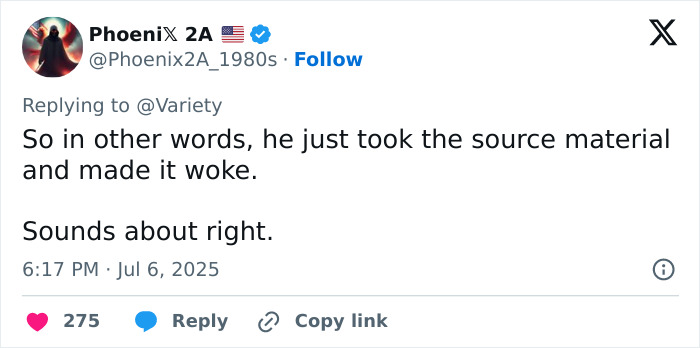 Tweet criticizing woke Superman reboot, highlighting early negative reviews and its reception as a flop by critics.
