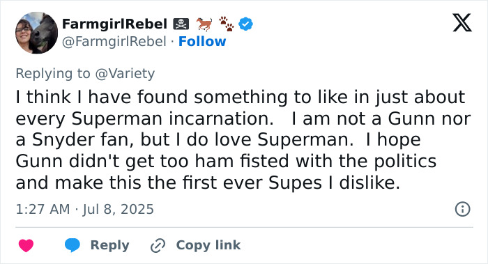 Screenshot of a social media comment discussing the woke Superman reboot amid early critical backlash and flop claims.