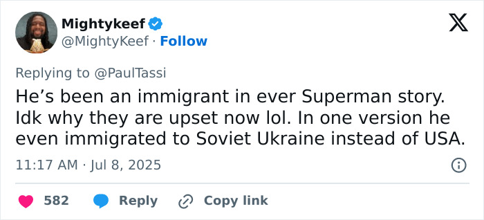 Tweet by Mightykeef discussing immigrant background in Superman stories amid woke Superman reboot criticism.