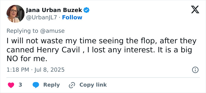 Tweet critiquing the woke Superman reboot as a flop after Henry Cavill was removed from the role.