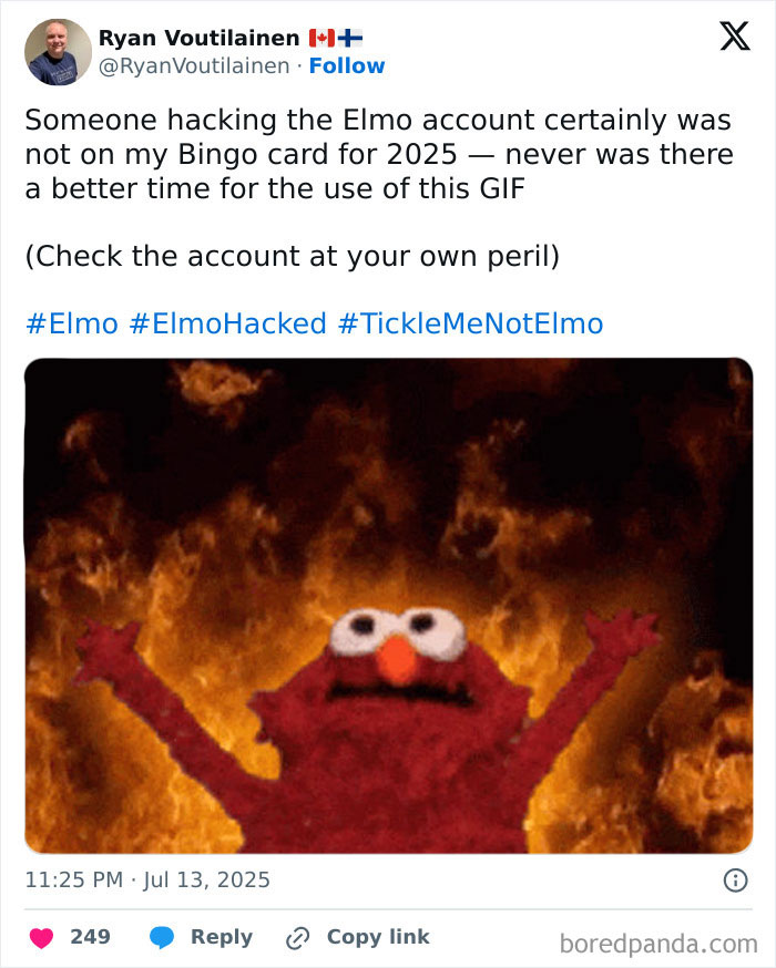 Tweet discussing multiple violent messages on Elmo’s X account with an image of Elmo and flames, highlighting the hack incident. Tweet discussing multiple violent messages on Elmo’s X account with an image of Elmo and flames, highlighting the hack incident.