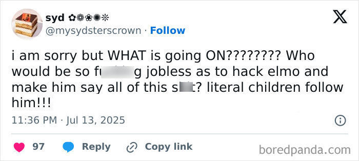 Screenshot of a tweet reacting to violent messages shared on Elmo’s X account by an unknown hacker. Screenshot of a tweet reacting to violent messages shared on Elmo’s X account by an unknown hacker.