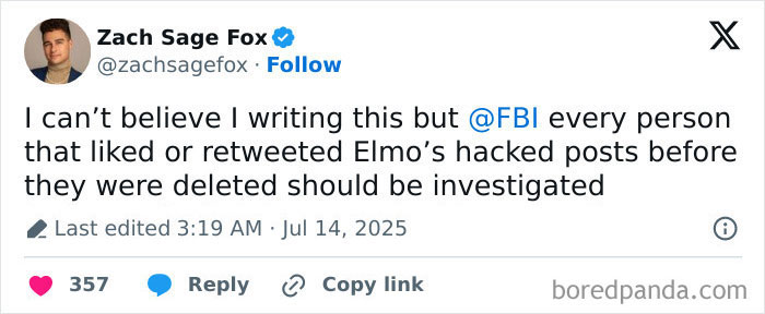 Screenshot of a tweet discussing FBI investigation into violent messages on Elmo’s hacked X account. Screenshot of a tweet discussing FBI investigation into violent messages on Elmo’s hacked X account.