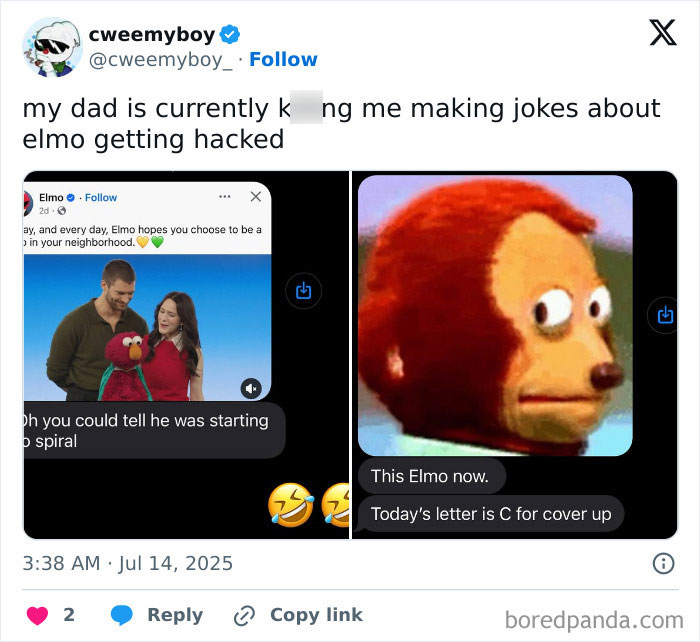 Screenshot of a Twitter post discussing violent messages shared on Elmo’s X account by an unknown culprit. Screenshot of a Twitter post discussing violent messages shared on Elmo’s X account by an unknown culprit.