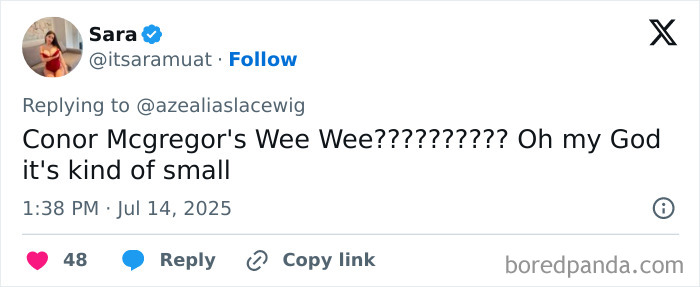 Screenshot of a Twitter reply mentioning Conor McGregor’s leaked x-rated image size amid viral accusations. Screenshot of a Twitter reply mentioning Conor McGregor’s leaked x-rated image size amid viral accusations.