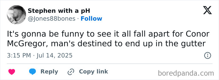 Tweet from Stephen with a pH commenting on Conor McGregor’s controversial situation amid viral leaked X-rated content. Tweet from Stephen with a pH commenting on Conor McGregor’s controversial situation amid viral leaked X-rated content.