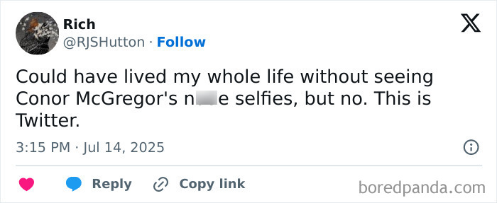 Tweet screenshot showing a user commenting on Conor McGregor's leaked X-rated pic selfies going viral on Twitter. Tweet screenshot showing a user commenting on Conor McGregor's leaked X-rated pic selfies going viral on Twitter.
