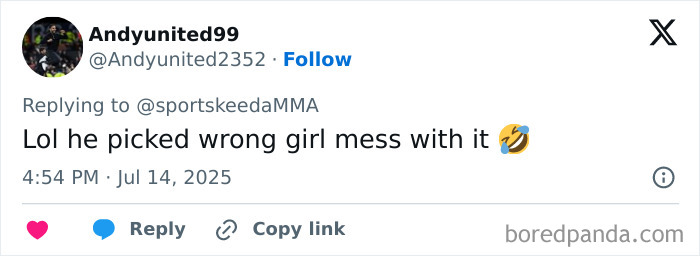 Tweet from Andyunited99 reacting to Conor McGregor’s leaked X-rated pic going viral with a laughing emoji. Tweet from Andyunited99 reacting to Conor McGregor’s leaked X-rated pic going viral with a laughing emoji.