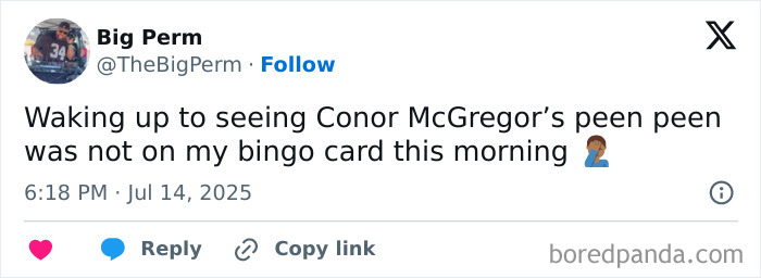 Screenshot of a tweet reacting to Conor McGregor's leaked X-rated pic going viral on social media. Screenshot of a tweet reacting to Conor McGregor's leaked X-rated pic going viral on social media.