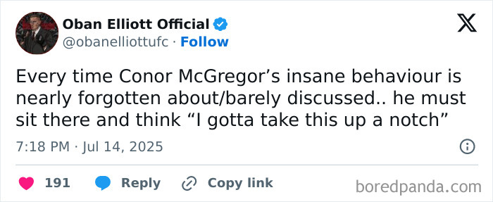 Tweet by Oban Elliott Official about Conor McGregor’s behavior amid leaked X-rated pic and Azealia Banks’ accusations with proof. Tweet by Oban Elliott Official about Conor McGregor’s behavior amid leaked X-rated pic and Azealia Banks’ accusations with proof.