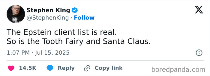 Screenshot of Stephen King's tweet mentioning the Epstein client list, sparking conspiracy theories online. Screenshot of Stephen King's tweet mentioning the Epstein client list, sparking conspiracy theories online.