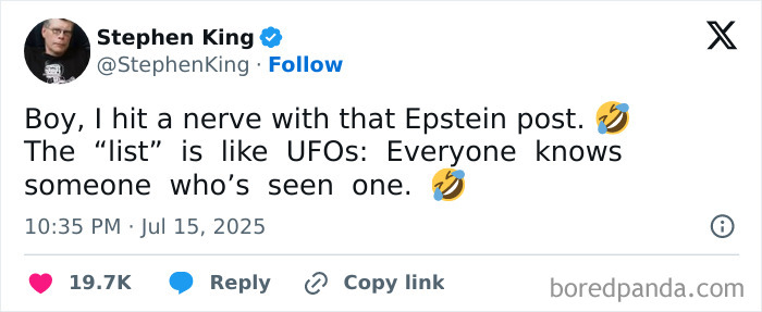 Stephen King's tweet mentioning Epstein list sparks conspiracy theories with references to UFO sightings and public reactions. Stephen King's tweet mentioning Epstein list sparks conspiracy theories with references to UFO sightings and public reactions.