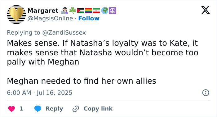 Tweet discussing Kate Middleton’s ex-assistant’s subtle jab at Meghan Markle and loyalty dynamics before stepping down. Tweet discussing Kate Middleton’s ex-assistant’s subtle jab at Meghan Markle and loyalty dynamics before stepping down.