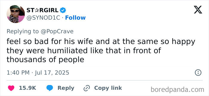 Tweet expressing mixed emotions about wife of CEO accused of cheating scandal at Coldplay concert. Tweet expressing mixed emotions about wife of CEO accused of cheating scandal at Coldplay concert.