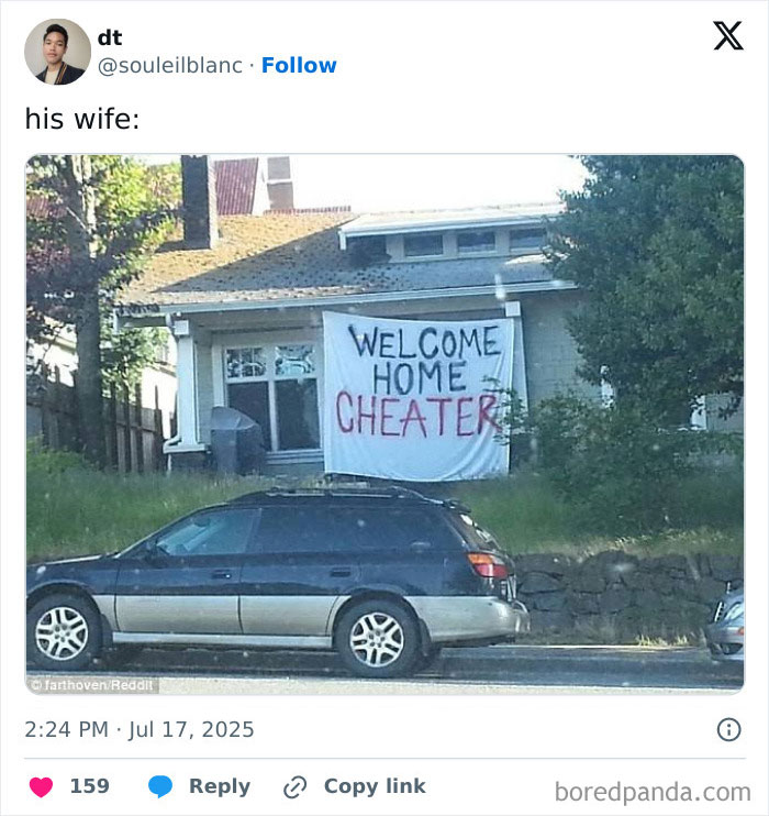 Banner reading welcome home cheater displayed outside house amid wife of CEO accused of cheating at Coldplay concert scandal. Banner reading welcome home cheater displayed outside house amid wife of CEO accused of cheating at Coldplay concert scandal.