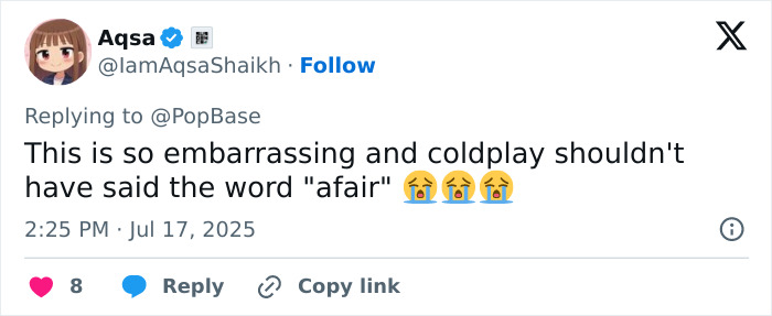 Tweet from user reacting to Coldplay fan exposing cheating CEO at concert, expressing embarrassment over the affair mention. Tweet from user reacting to Coldplay fan exposing cheating CEO at concert, expressing embarrassment over the affair mention.
