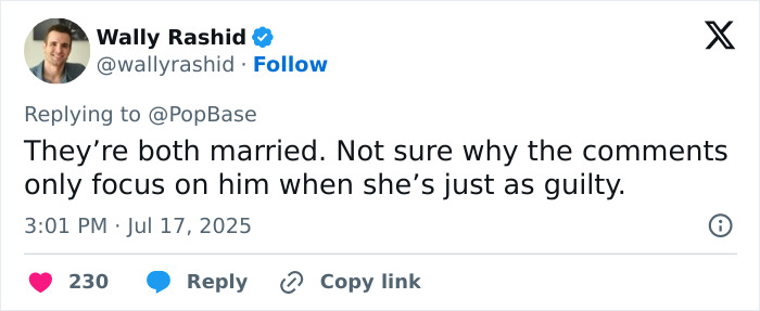 Screenshot of Wally Rashid’s tweet commenting on cheating CEO exposed at Coldplay concert by fan filming kiss cam. Screenshot of Wally Rashid’s tweet commenting on cheating CEO exposed at Coldplay concert by fan filming kiss cam.
