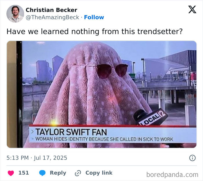 Tweet showing a humorous news segment about a Taylor Swift fan hiding identity, linked to wife of CEO accused cheating scandal. Tweet showing a humorous news segment about a Taylor Swift fan hiding identity, linked to wife of CEO accused cheating scandal.