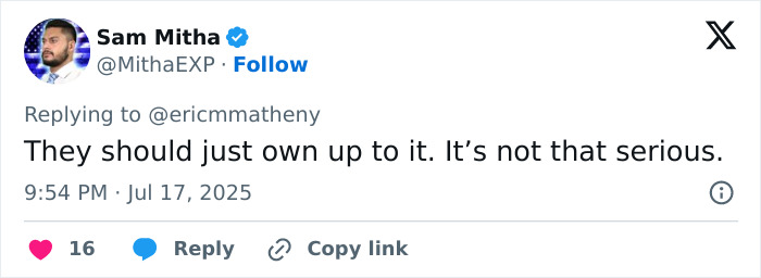 Tweet from Sam Mitha commenting on cheating CEO incident at Coldplay concert, urging accountability and downplaying severity. Tweet from Sam Mitha commenting on cheating CEO incident at Coldplay concert, urging accountability and downplaying severity.