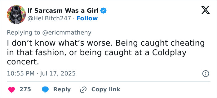 Tweet text criticizing cheating caught at a Coldplay concert, highlighting the fan who filmed the CEO on kiss cam. Tweet text criticizing cheating caught at a Coldplay concert, highlighting the fan who filmed the CEO on kiss cam.