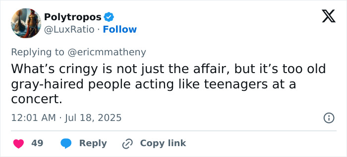 Tweet from Polytropos commenting on an affair and behavior at a concert, mentioning Coldplay fan and kiss cam incident. Tweet from Polytropos commenting on an affair and behavior at a concert, mentioning Coldplay fan and kiss cam incident.