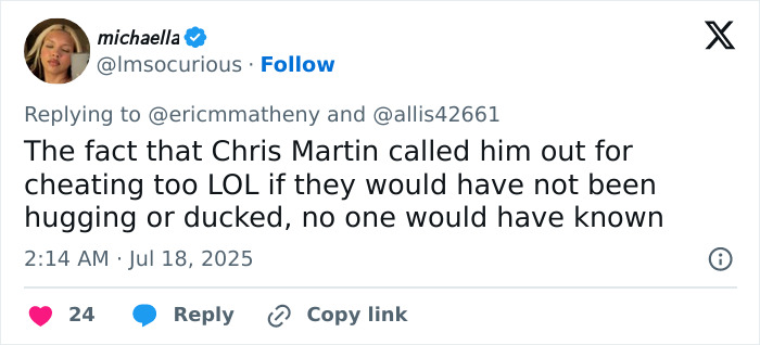 Screenshot of a tweet discussing a Coldplay fan who exposed a cheating CEO at a concert by filming the kiss cam. Screenshot of a tweet discussing a Coldplay fan who exposed a cheating CEO at a concert by filming the kiss cam.