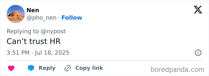 User tweet saying “Can’t trust HR” in a comment related to Coldplay scandal and CEO’s past remarks about HR chief. User tweet saying “Can’t trust HR” in a comment related to Coldplay scandal and CEO’s past remarks about HR chief.