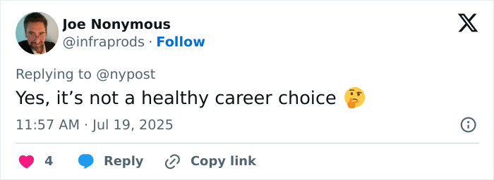 Tweet from Joe Nonymous replying about unhealthy career choices, highlighting substance-related passing in adult industry discussion. Tweet from Joe Nonymous replying about unhealthy career choices, highlighting substance-related passing in adult industry discussion.
