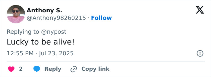 Tweet from Anthony S., wearing sunglasses and a pink shirt, commenting on a surf instructor injured after a train accident. Tweet from Anthony S., wearing sunglasses and a pink shirt, commenting on a surf instructor injured after a train accident.