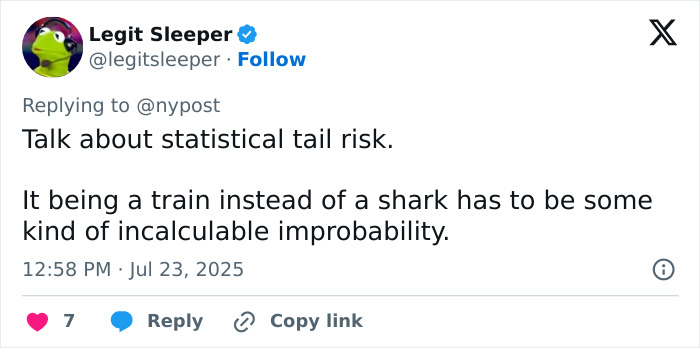 Tweet discussing the improbability of a surf instructor having an arm torn off after being struck by a train. Tweet discussing the improbability of a surf instructor having an arm torn off after being struck by a train.
