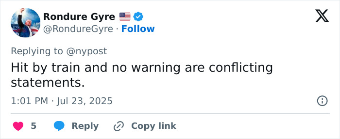 Tweet discussing a surfer instructor, 24, seriously injured after being struck by train unexpectedly. Tweet discussing a surfer instructor, 24, seriously injured after being struck by train unexpectedly.