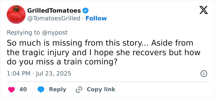 Tweet discussing the surf instructor, 24, who lost an arm after being struck by a train with no warning. Tweet discussing the surf instructor, 24, who lost an arm after being struck by a train with no warning.