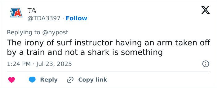 Social media post discussing a surf instructor whose arm was completely torn off after a train accident. Social media post discussing a surf instructor whose arm was completely torn off after a train accident.