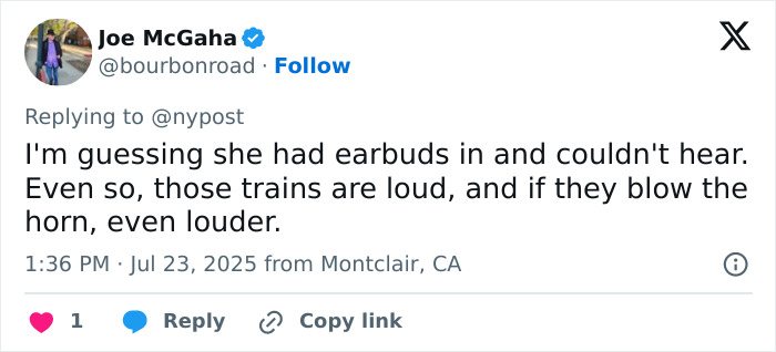 Tweet from Joe McGaha discussing the loudness of trains and warning horns before a surf instructor was struck by a train. Tweet from Joe McGaha discussing the loudness of trains and warning horns before a surf instructor was struck by a train.
