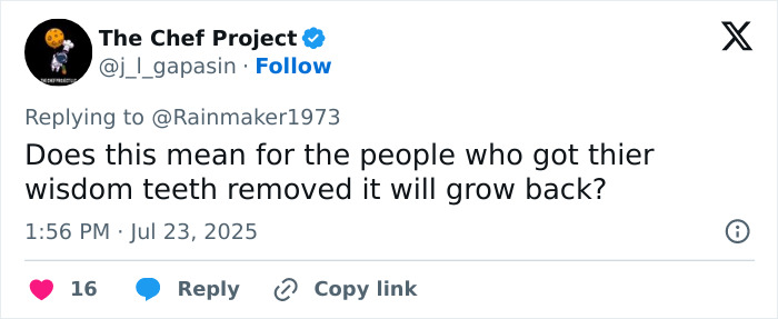 Tweet discussing the possibility of tooth regrowth for people who had their wisdom teeth removed in a dental breakthrough. Tweet discussing the possibility of tooth regrowth for people who had their wisdom teeth removed in a dental breakthrough.