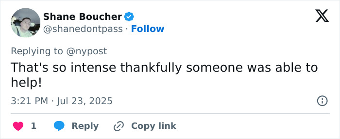 Screenshot of a tweet from Shane Boucher expressing relief that someone was able to help after surf instructor's accident. Screenshot of a tweet from Shane Boucher expressing relief that someone was able to help after surf instructor's accident.