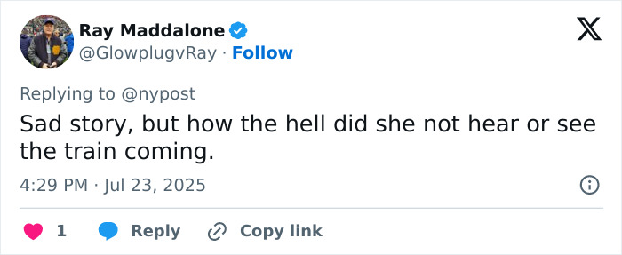 Tweet by user Ray Maddalone questioning how a train struck a surf instructor with no warning causing severe injury. Tweet by user Ray Maddalone questioning how a train struck a surf instructor with no warning causing severe injury.