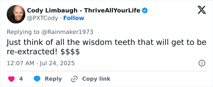 Tweet from Cody Limbaugh discussing wisdom teeth and tooth regrowth in a breakthrough that may replace dentures and implants. Tweet from Cody Limbaugh discussing wisdom teeth and tooth regrowth in a breakthrough that may replace dentures and implants.