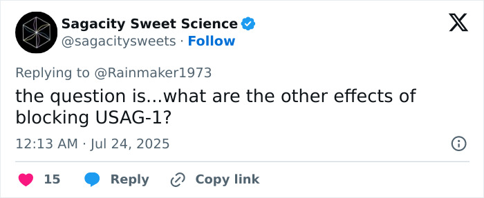 Tweet from Sagacity Sweet Science asking about effects of blocking USAG-1, related to scientists making tooth regrowth possible breakthrough. Tweet from Sagacity Sweet Science asking about effects of blocking USAG-1, related to scientists making tooth regrowth possible breakthrough.