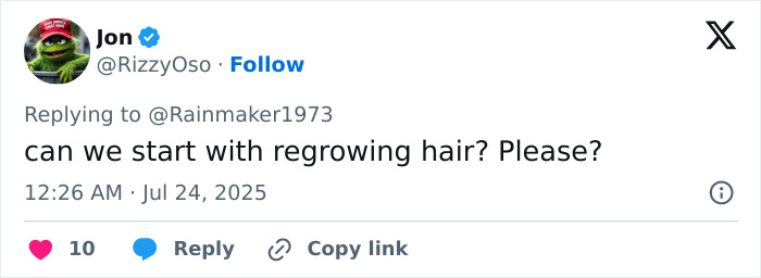 Twitter user Jon wearing a red hat replying about regrowing hair in a discussion on tooth regrowth breakthroughs. Twitter user Jon wearing a red hat replying about regrowing hair in a discussion on tooth regrowth breakthroughs.