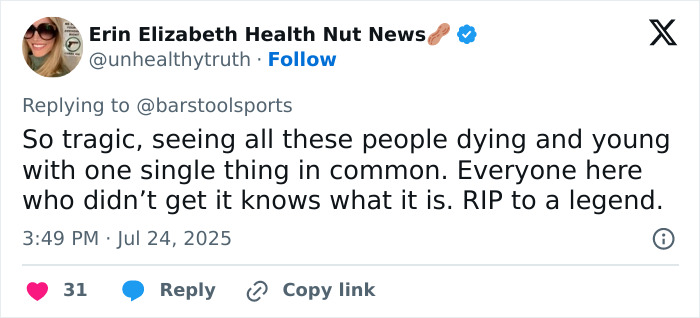 Twitter post by Erin Elizabeth expressing grief over recent deaths with a tribute to WWE legend Hulk Hogan. Twitter post by Erin Elizabeth expressing grief over recent deaths with a tribute to WWE legend Hulk Hogan.
