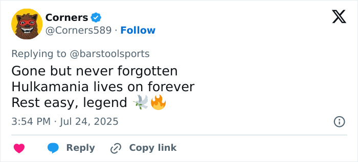 Tweet from Corners remembering WWE Legend Hulk Hogan, highlighting Hulkamania and his lasting legacy after his passing at 71. Tweet from Corners remembering WWE Legend Hulk Hogan, highlighting Hulkamania and his lasting legacy after his passing at 71.