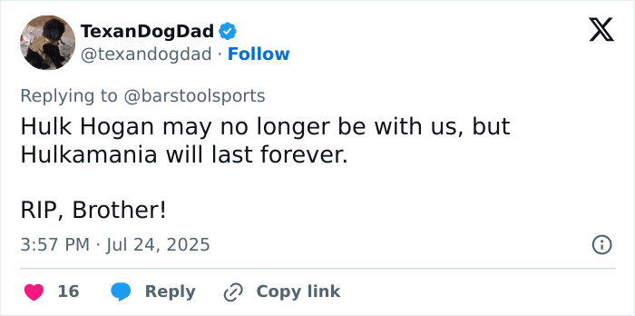 Tweet expressing tribute to WWE legend Hulk Hogan, highlighting his lasting impact and wrestling legacy. Tweet expressing tribute to WWE legend Hulk Hogan, highlighting his lasting impact and wrestling legacy.