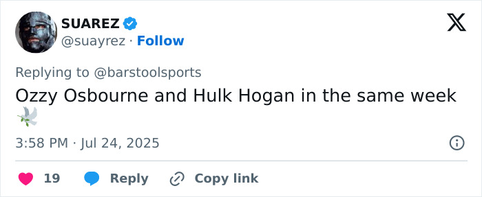Twitter post mentioning WWE legend Hulk Hogan amid recent events, posted by user SUAREZ on July 24, 2025. Twitter post mentioning WWE legend Hulk Hogan amid recent events, posted by user SUAREZ on July 24, 2025.