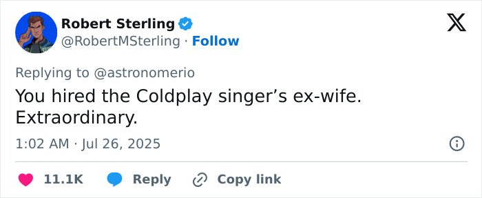 Social media post by Robert Sterling referencing Coldplay singer's ex-wife amid viral drama with astronomer and Gwyneth Paltrow. Social media post by Robert Sterling referencing Coldplay singer's ex-wife amid viral drama with astronomer and Gwyneth Paltrow.