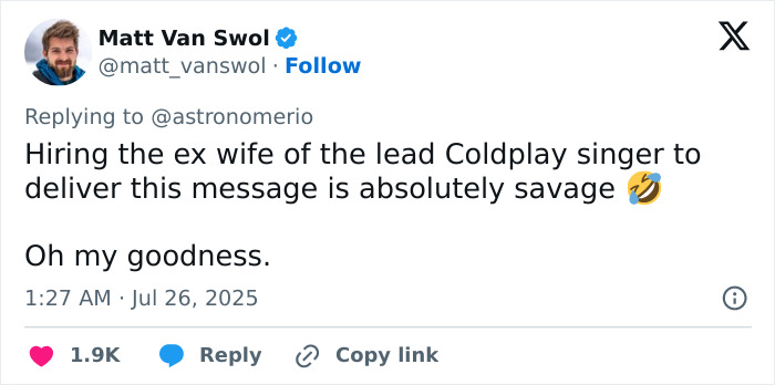 Screenshot of a tweet discussing Coldplay’s lead singer and his ex-wife in a viral social media drama. Screenshot of a tweet discussing Coldplay’s lead singer and his ex-wife in a viral social media drama.