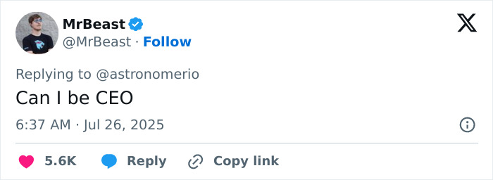 Screenshot of MrBeast replying to a tweet asking about being CEO, related to Coldplay frontman cheating viral drama. Screenshot of MrBeast replying to a tweet asking about being CEO, related to Coldplay frontman cheating viral drama.