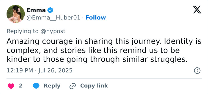 Tweet by user Emma expressing support for a model pushed to transition at 15 who now detransitions, discussing identity struggles. Tweet by user Emma expressing support for a model pushed to transition at 15 who now detransitions, discussing identity struggles.
